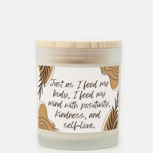 I Feed My Mind With Positivity Candle Premium Non-Toxic Wood Wick Candle Frosted Glass (Hand Poured 11 oz)