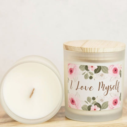 I Love Myself Candle Premium Non-Toxic Wood Wick Candle Frosted Glass (Hand Poured 11 oz)